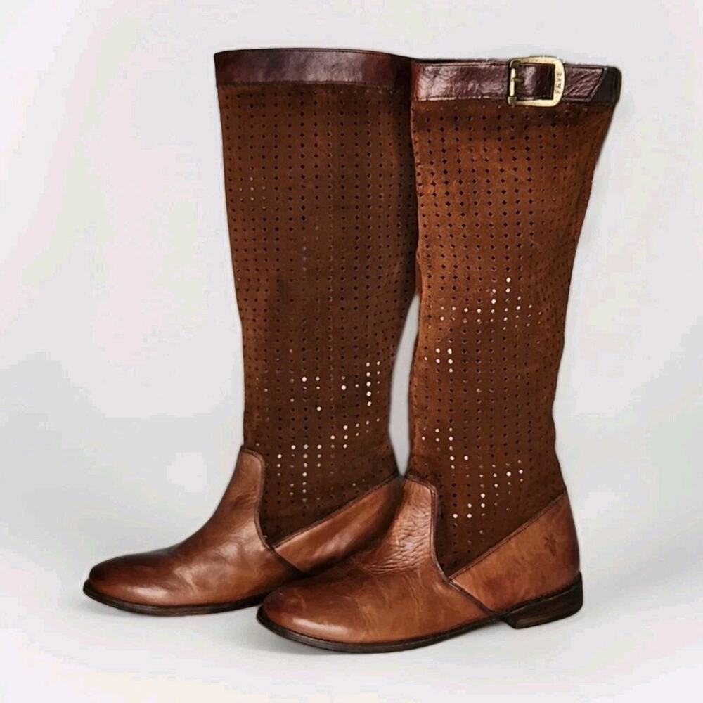 Frye Paige Perforated Brown Leather Riding Boots Knee high Flat Size 7B
